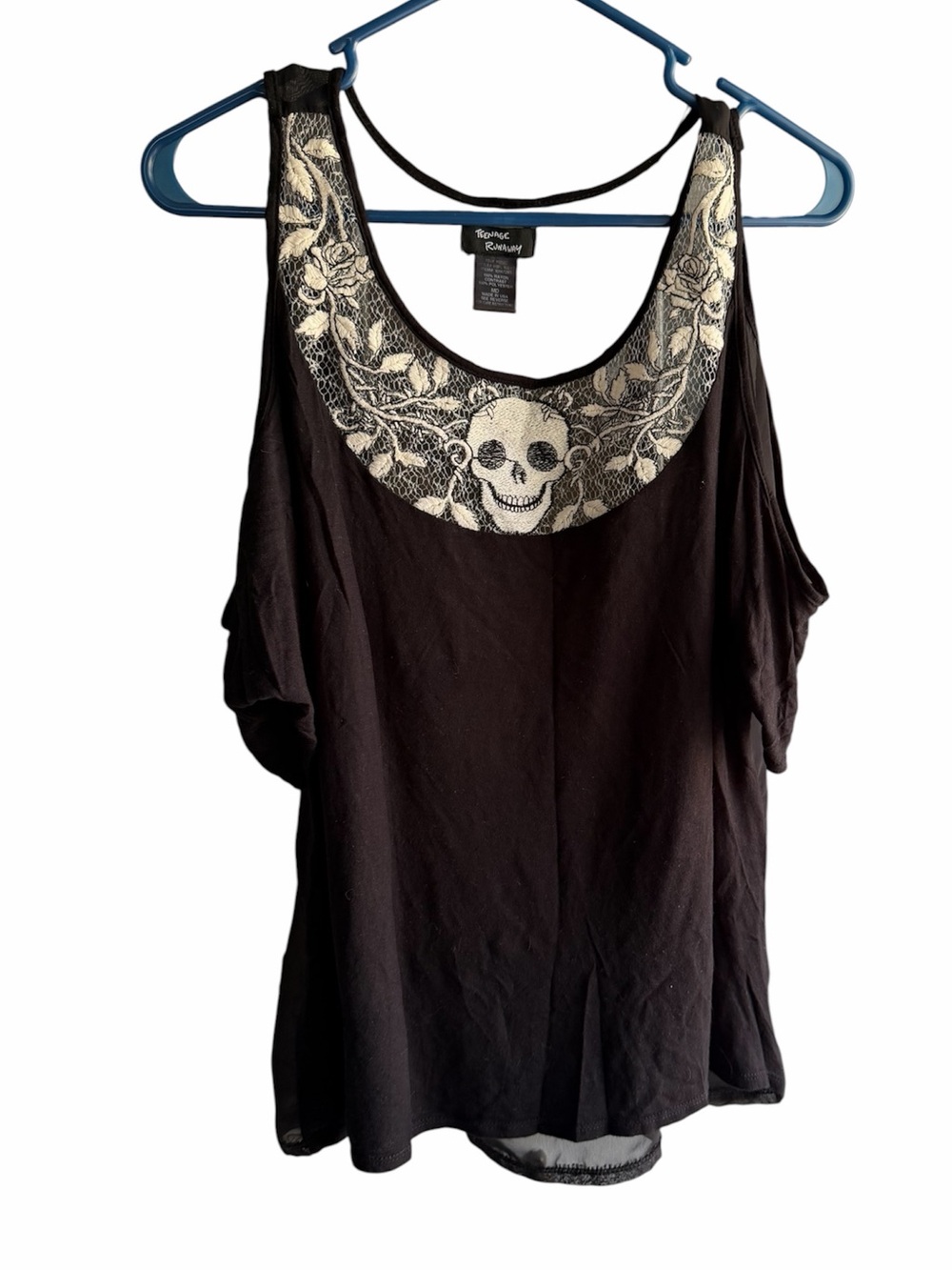 Teenage Runaway Couture Black Top with Cream Skull Lace Yoke size M